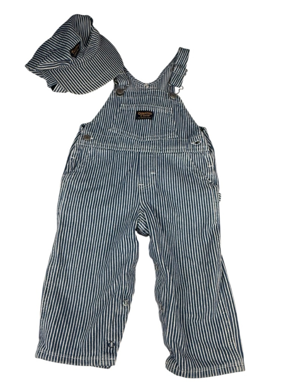 OshKosh B'Gosh Train Conductor Blue White Hickory Stripe Overalls 18M Hat 2T-4T - Picture 2 of 11